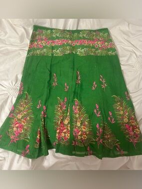 Odille Green Floral Midi Skirt with Pink Accents